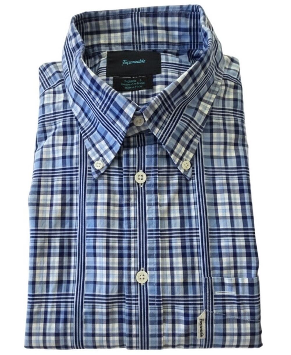 Façonnable Trend Plaid Shirt Men's L 100% Cotton Blue Check Button Down Casual